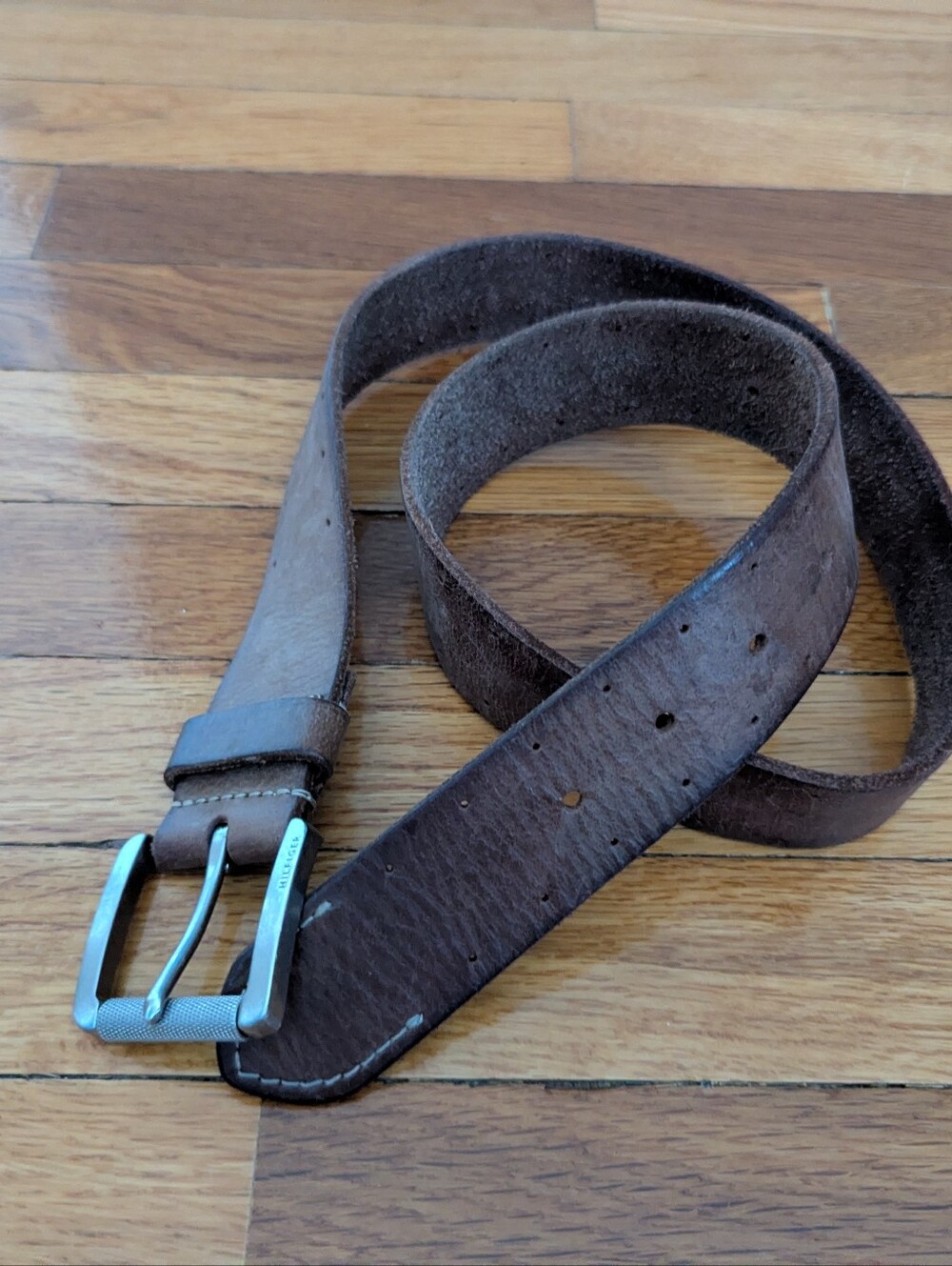 Tommy Hilfiger Men Brown Vintage Heavy Buckle Leather Belt Size 37